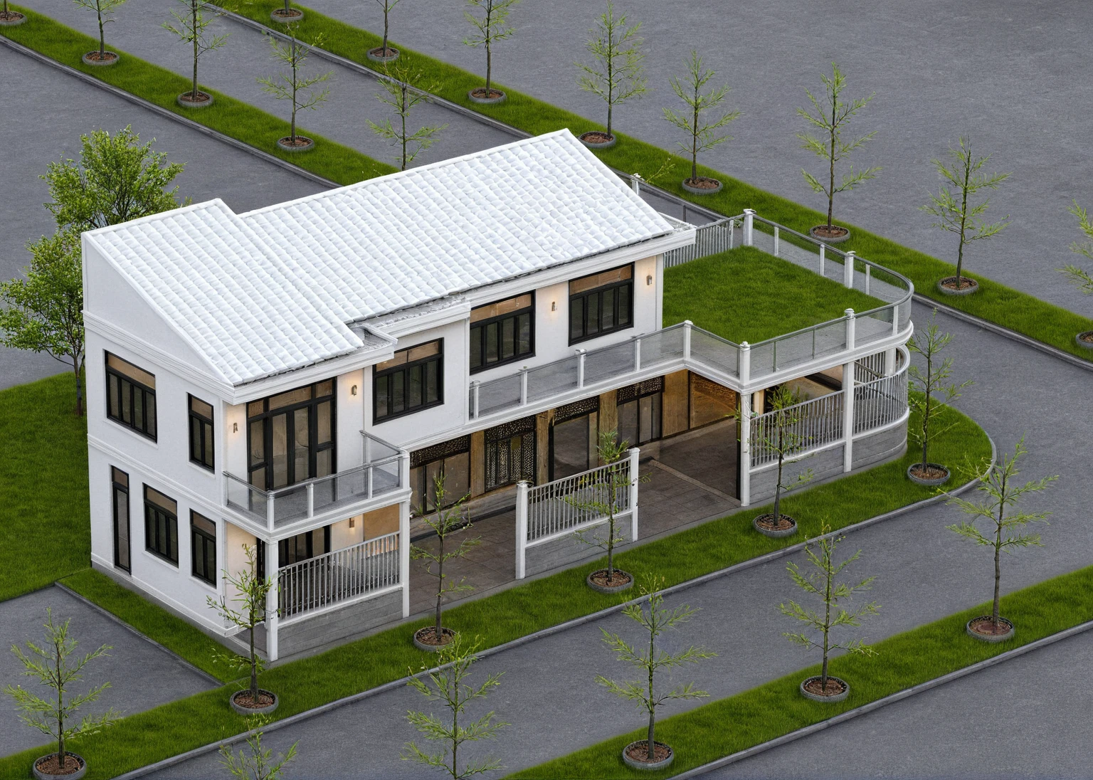 Raw photo,Masterpiece, high quality, best quality, authentic, super detail,
exterior, outdoors, house style indochine on the street ,aiaigroup
road,pavement, grass, trees, sky, cloud, (day:1.1)