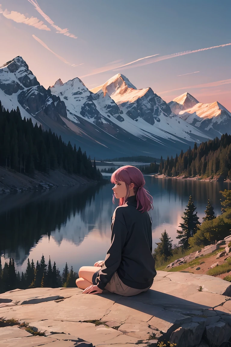 A beautiful mountain landscape during sunset, with a 25-year-old woman sitting on a rock, gazing at the scenery. She has a reflective expression, with a tear rolling down her cheek. The scene is serene, with gentle winds and soft colors. The mountains are majestic, with hints of snow on the peaks. The sky is painted with warm hues of orange, pink, and purple. The woman wears casual clothes, symbolizing her journey and determination. In the background, there are soft, nostalgic elements like faint outlines of her youthful memories blending with the natural beauty.