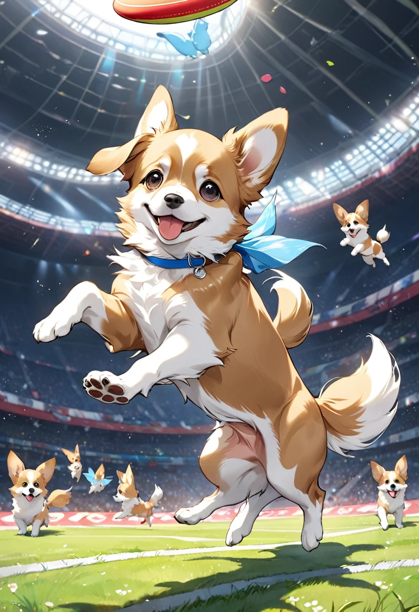 (Puppy jumping to catch a frisbee:1.2)、1 puppy、Papillon puppy、Dynamic composition、4k anime art、(Highest quality、High resolution、masterpiece)、
