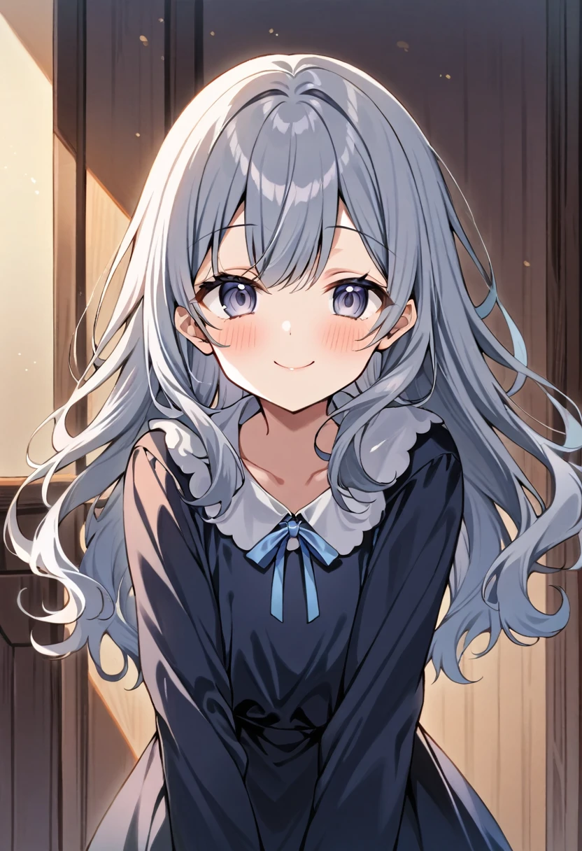 One girl、Blue-grey eyes and hair、Dull, pale eyes and hair、Dark blue long-sleeved dress、Smile、Perfect Face、Cute Face、perfect masterpiece、Highest quality