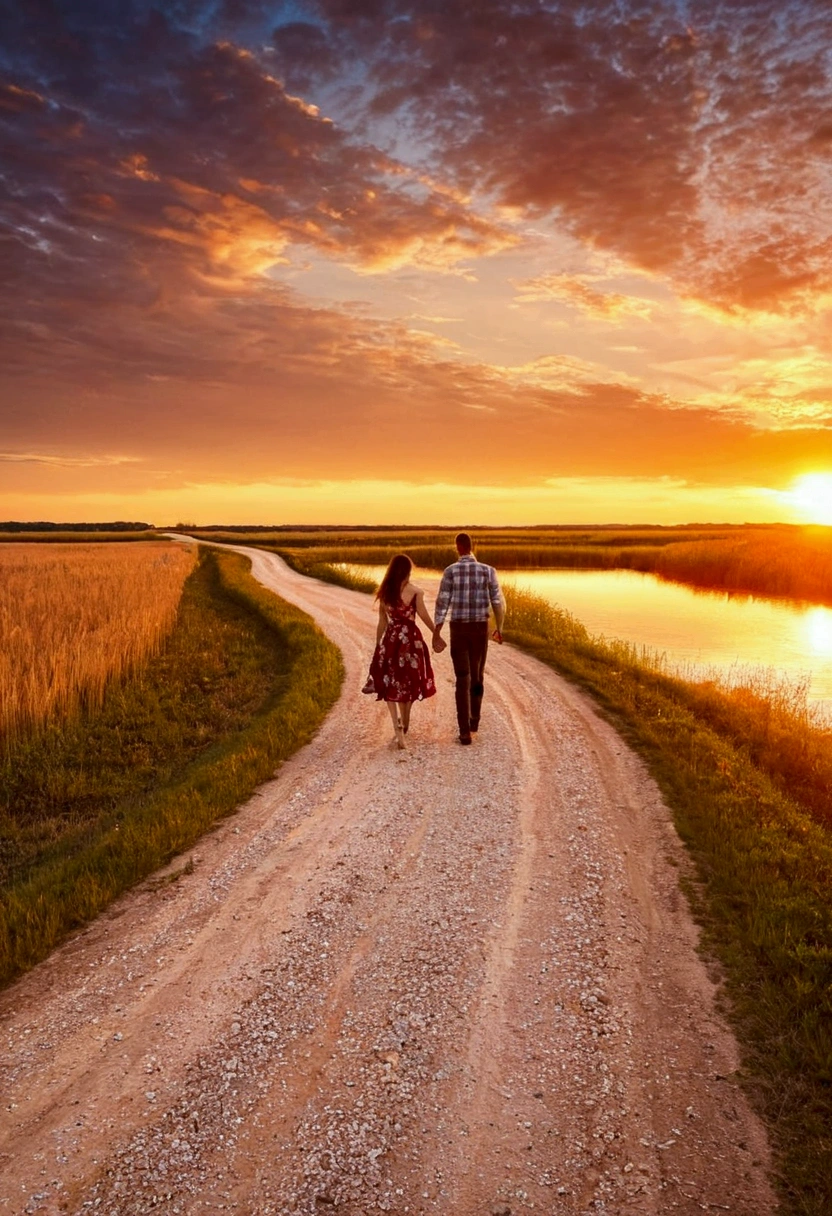 Straight gravel road,Large Lake,couple,Sunset,The wind blows