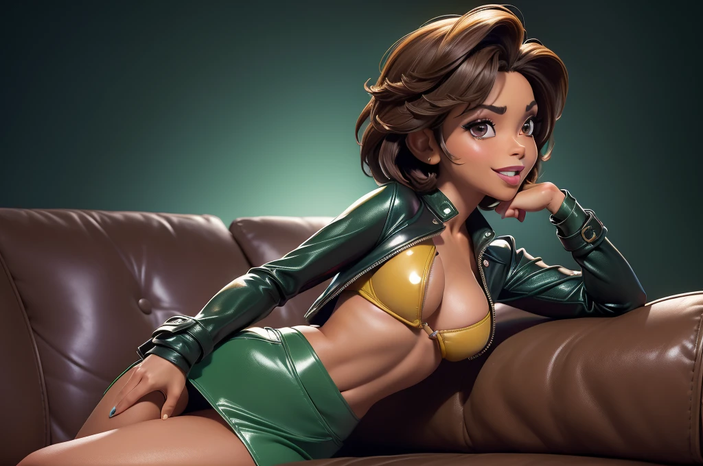 obra prima, melhor qualidade, ((one woman only,)) ((jeanine pirro, dark tan skin, short bob hair,)) head back, ((sexy sultry look, open mouth smile, dimples,)) wearing shiny yellow pvc biker jacket, ((jacket is unzipped and wide open, small breasts, nip slip,)) jacket has padded puff shoulders, shiny leather gloves, ((forest green leather micro mini pvc skirt,)) body is skinny, shiny tight buttocks, ((leaning back on couch cushion, mashing breasts, sexy fondling and kissing,)) (camera view of whole body,) looking up at me, shallow depth of field, highres, HD, 8k, anatomically correct