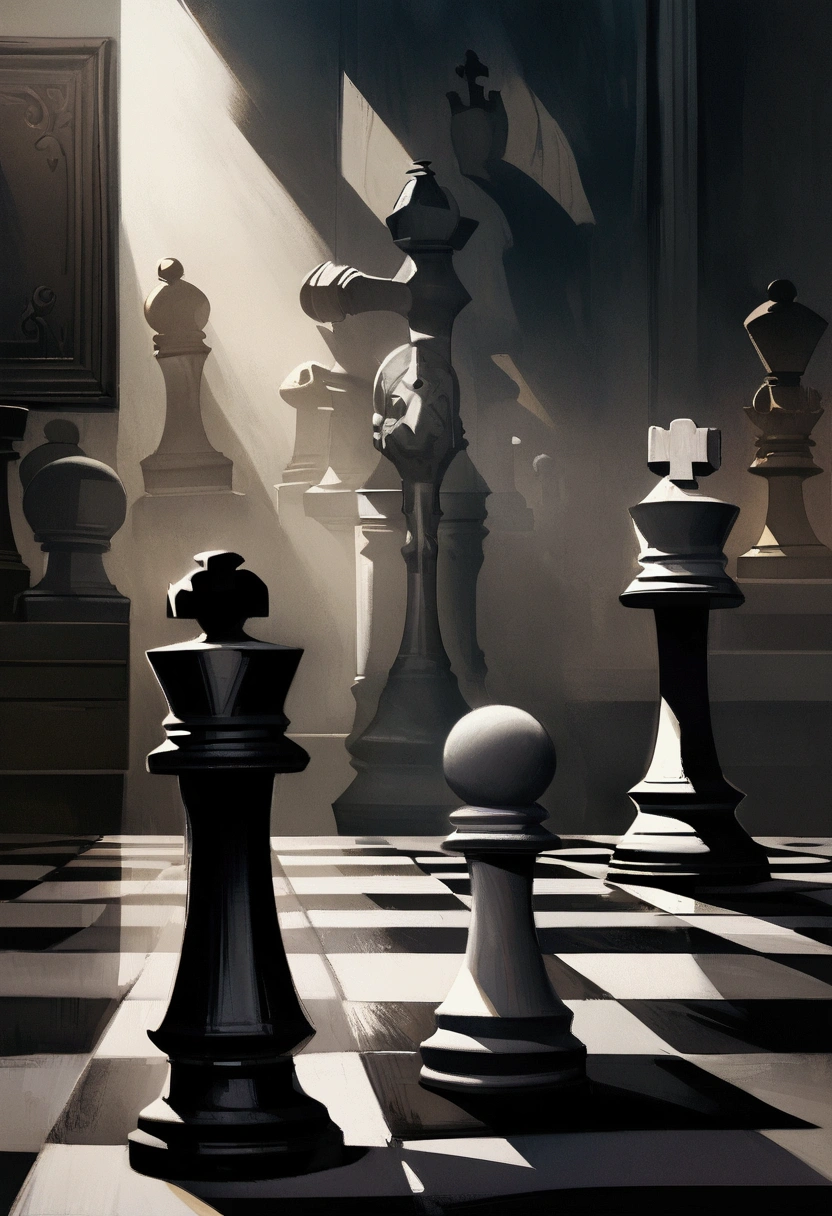 a chessboard with 3 pawns planning to take down the rook, intricate chess pieces, realistic lighting, dramatic shadows, highly detailed, cinematic composition, moody atmosphere, strategic planning, complex narrative, oil painting, muted color palette