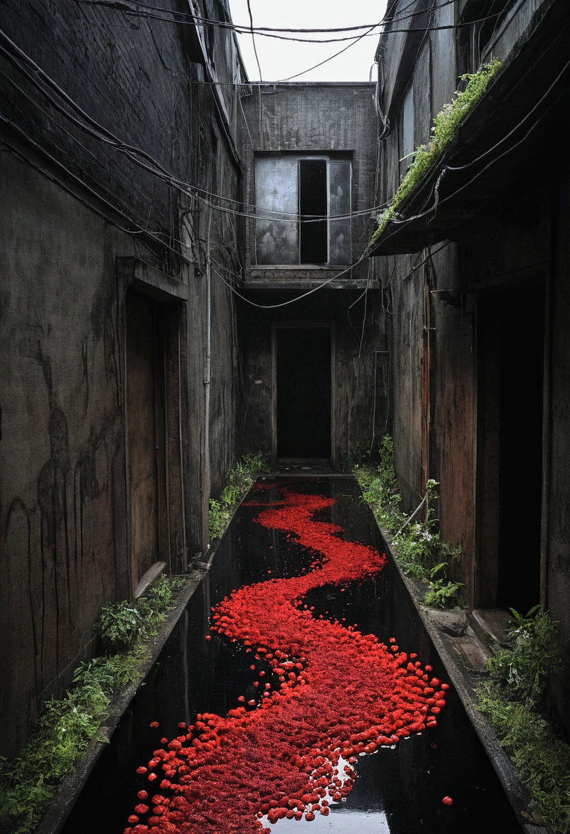 Dark abandoned alley、Poppy flower、Blood pool、blood droplets、Swirl、Black rain、Painting:Junji Ito