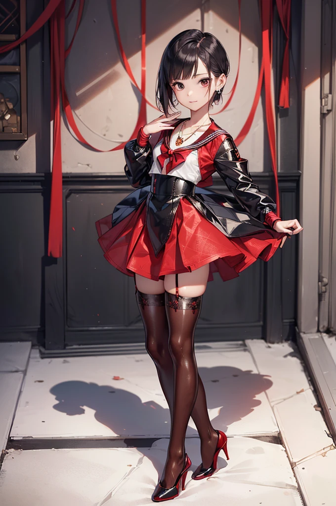 ((Biologically correct limb count)),(( From head to toe,Full-body photo including face)),4K,((Standing position)),masterpiece,((Focus on the face)),((Symmetrical facial features)),Eyes with detailed description,Beautiful woman,Great style,Beautiful arms,Beautiful legs,Beautiful Hands,(Small Ass,Thin thighs),Detailed depiction of the face,Small earrings,necklace,(Red and black latex sailor suit,mini skirt((High heels,Patterned stockings))),((Waiting for someone to meet up)),Silk gloves,Realistic photo,Medium short cut hair,Stand at an angle