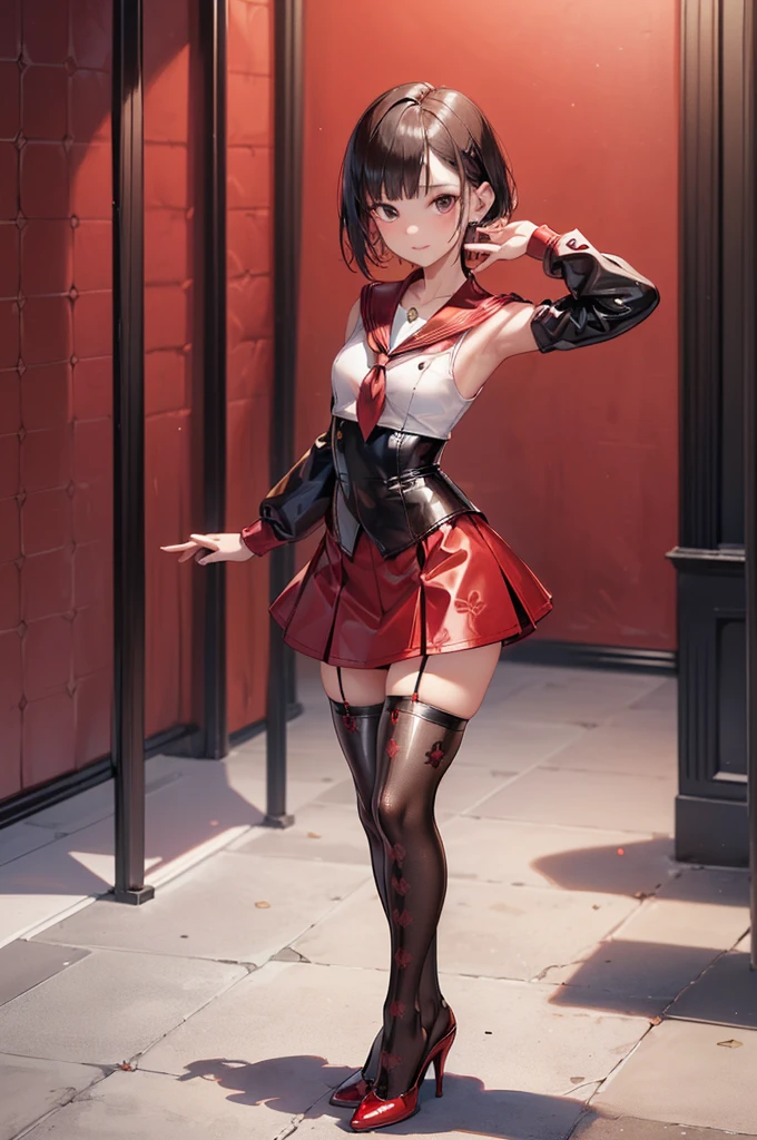 ((Biologically correct limb count)),(( From head to toe,Full-body photo including face)),4K,((Standing position)),masterpiece,((Focus on the face)),((Symmetrical facial features)),Eyes with detailed description,Beautiful woman,Great style,Beautiful arms,Beautiful legs,Beautiful Hands,(Small Ass,Thin thighs),Detailed depiction of the face,Small earrings,necklace,(Red and black latex sailor suit,mini skirt((High heels,Patterned stockings))),((Waiting for someone to meet up)),Silk gloves,Realistic photo,Medium short cut hair,Stand at an angle