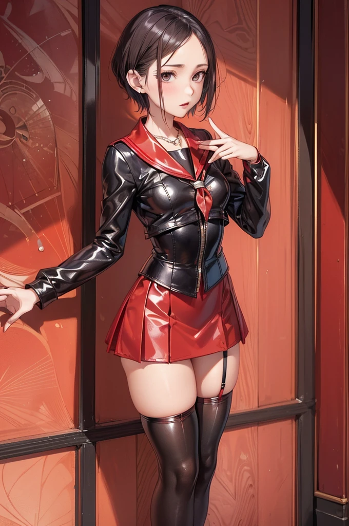 ((Biologically correct limb count)),(( From head to toe,Full-body photo including face)),4K,((Standing position)),masterpiece,((Focus on the face)),((Symmetrical facial features)),Eyes with detailed description,Beautiful woman,Great style,Beautiful arms,Beautiful legs,Beautiful Hands,(Small Ass,Thin thighs),Detailed depiction of the face,Small earrings,necklace,(Red and black latex sailor suit,mini skirt((High heels,Patterned stockings))),((Waiting for someone to meet up)),Silk gloves,Realistic photo,Short Hair,Stand at an angle