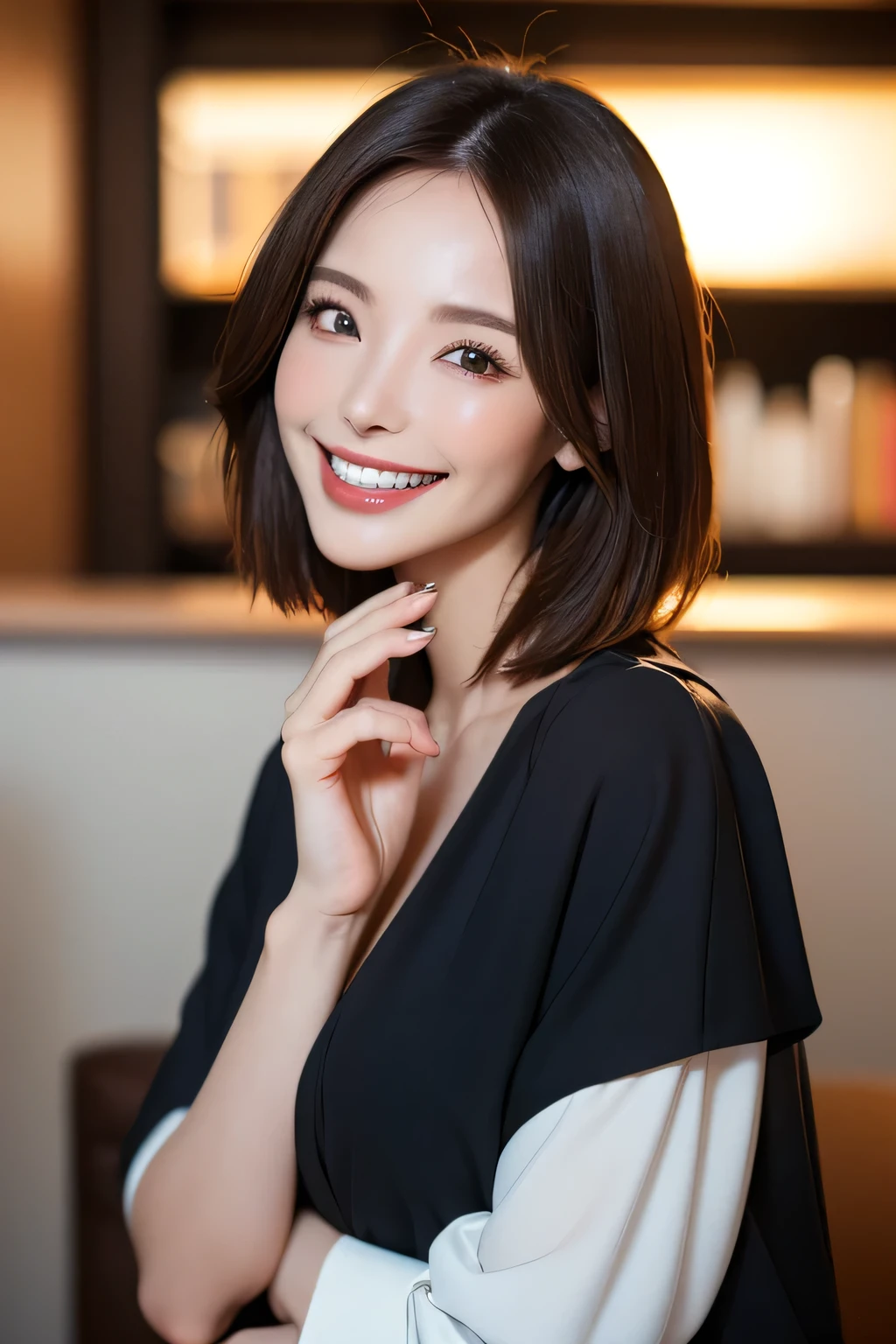 ((masterpiece)), ((Highest quality)), ((Complex)), ((Surreal)), (Realistic), (Mature Woman), ((No classes)), Very detailed, (1 female), Beautiful and exquisite, (Beautiful Teeth), Grin, Brunette bob hair, Brown eyes, ((blouse)), (Upper Body), (background:none), Perfect Eyes, Captivating eyes, Looking at the audience