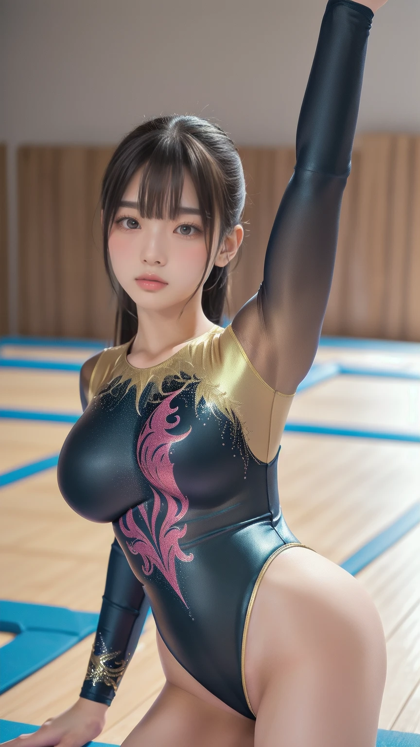 ((indoor, 新Gymnastics Venue, Gymnastics Venue:1.3)), ((Highly detailed skin), Beautiful realistic face, White skin, Pointed Chest, Small nipples, Accurate anatomy, Realistic eyes, Natural Eyes, Brown eyes, Accurate eye focus, Accurate limbs), (Hyper Realist, Ultra-realistic, 4K, Attention to detail, Ultra-high resolution, Highest quality, masterpiece, Presence, dynamic, Uplifting, bold, Sharpness), (Thinning hair:2, Soft Hair:2, Straight hair:1.5, Long, slicked bangs, Light copper amber hair, Hair on one eye, Twin tail hair), (Female gymnast, Detailed costume, Wearing a long sleeve leotard:1.5), Shiny long sleeve leotard, Metallic colors長袖レオタード, Racing long sleeve leotard, Gymnastics Long Sleeve Leotard, ((High leg long sleeve leotard, Long sleeve leotard with crystal embellishment)), ({Metallic red color| Metallic purple color| Metallic white color| Metallic navy color| Metallic pink color| Metallic gold color| Metallic silver color| Metallic black color| Metallic colors}Long sleeve leotard colors), (Big Breasts:1.5), Tall, Elongated arms and legs, Small waist, Small hips, ((On all fours, Doggy style, I'm sticking my butt up, Sticking out her butt)), Accentuate your buttocks, The long-sleeved leotard is digging into her butt, Full body portrait, Put your chest close, Emphasize the chest, Looking into the camera, smile, barefoot, (Underhair does not grow),