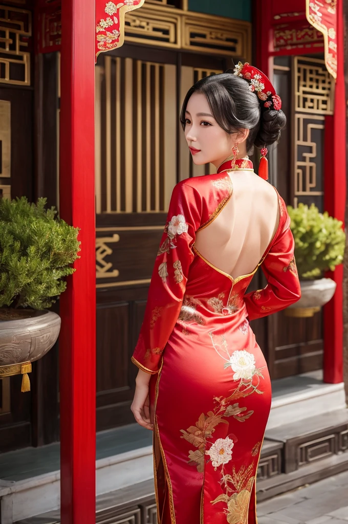 Woman seen from behind

In the Chinese imperial court of the Qing dynasty, a 39-year-old woman is wearing a Manchu dress with a flashy red floral pattern, with no underwear, her big buttocks are exposed, and she has no underwear.

Her hair is tied up and pulled up with a flashy flower ornament on both sides, and the background is the outside of a Chinese palace of the Qing dynasty. She is a perverted and erotic woman.
