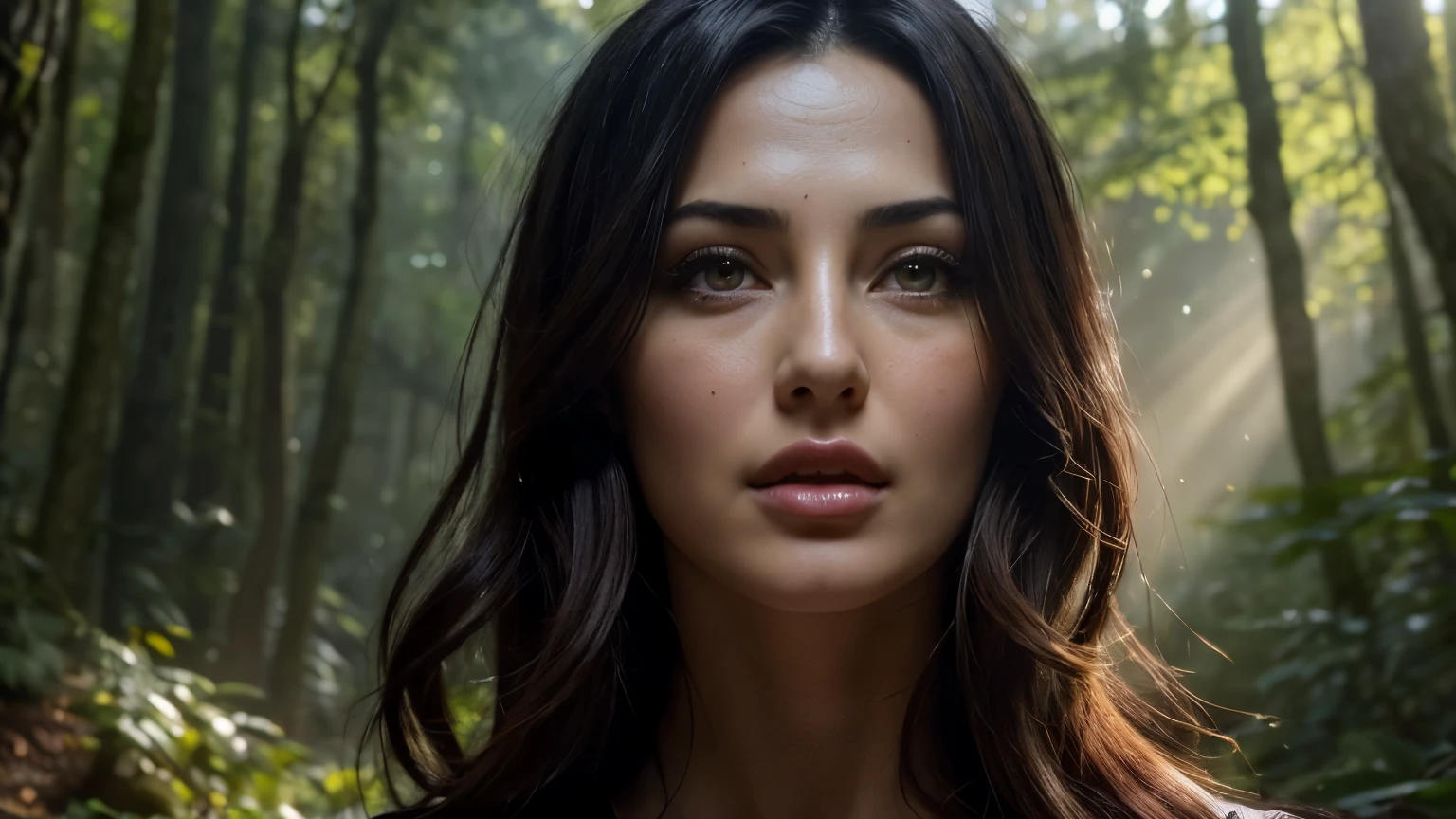 walking in a forest, Monica Bellucci , 20 years old, droped eyes, brown eyes, half body , upper body(masterpiece:1.2), highest quality, High resolution, unity 8k wallpaper, (shape:0.8), (beautiful and detailed eyes:1.6), highly detailed face, perfect lighting, Very detailed CG, (perfect hands, perfect anatomy, mountain springs, morning sun
