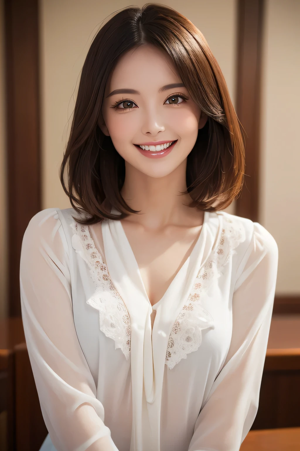 ((masterpiece)), ((Highest quality)), ((Complex)), ((Surreal)), (Realistic), (Mature Woman), ((No classes)), Very detailed, (1 female), Beautiful and exquisite, (Beautiful Teeth), Grin, Brunette bob hair, Brown eyes, ((blouse)), (Upper Body), (background:none), Perfect Eyes, Captivating eyes, Looking at the audience