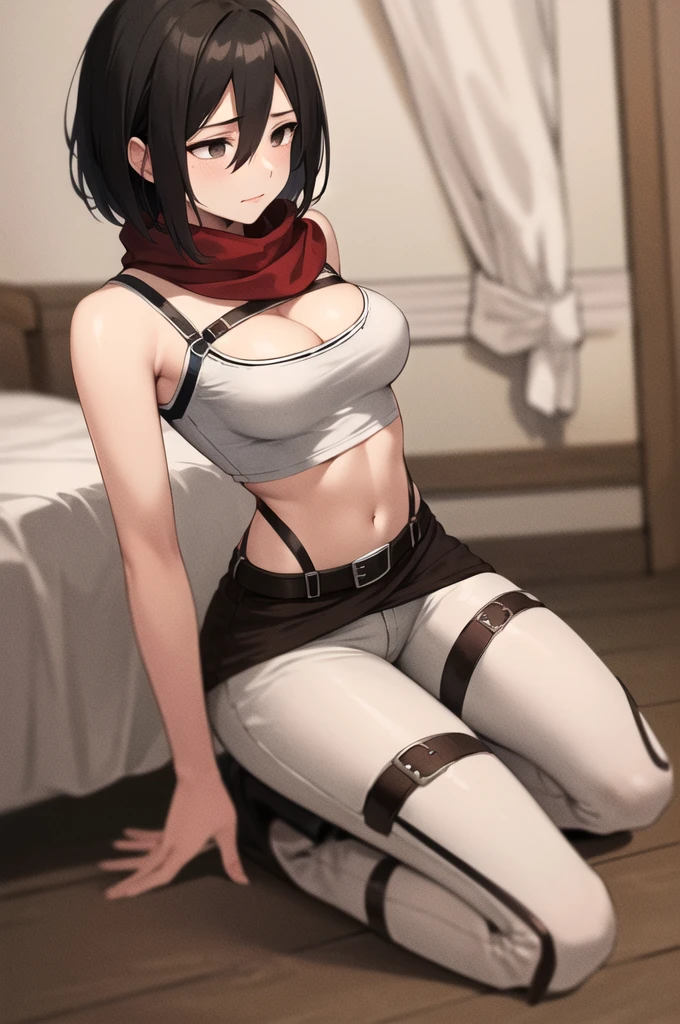 Masterpiece, best quality, high res, hmmikasa, short hair, black eyes, scarf, emblem, belt, thigh strap, red scarf, tight white pants, cropped tank top, brown blazer, cleavage, cowboy shot, medium breasts, shy face, kneeling on a bed, breasts, bare thighs, front view