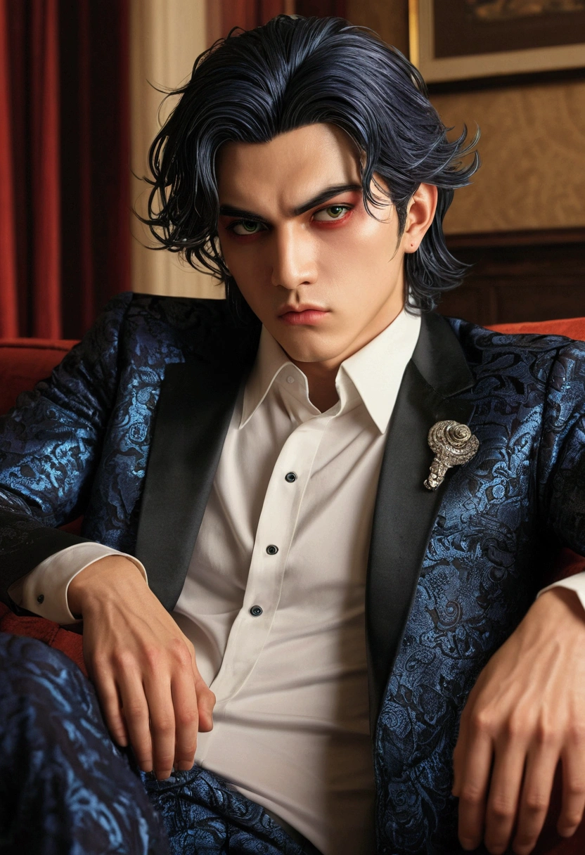 (Masterpiece:1.3), (nonsense:1.3), (best quality:1.3), (8ก), (large Masterpiece digital art), (detailed manga illustration), (handled hair), perfect anatomy, (sharp eyeliner, eyelid, Detailed eyes:1.1), (complicated details:1.3), (Very detailed:1.3), (illustration:1.3), (Sharp focus:1.3), (natural light:1.05), (bright colors:1.3), Take a break, 1 boy, line art, vampire, mafia, gangster, sitting on the sofa, glare