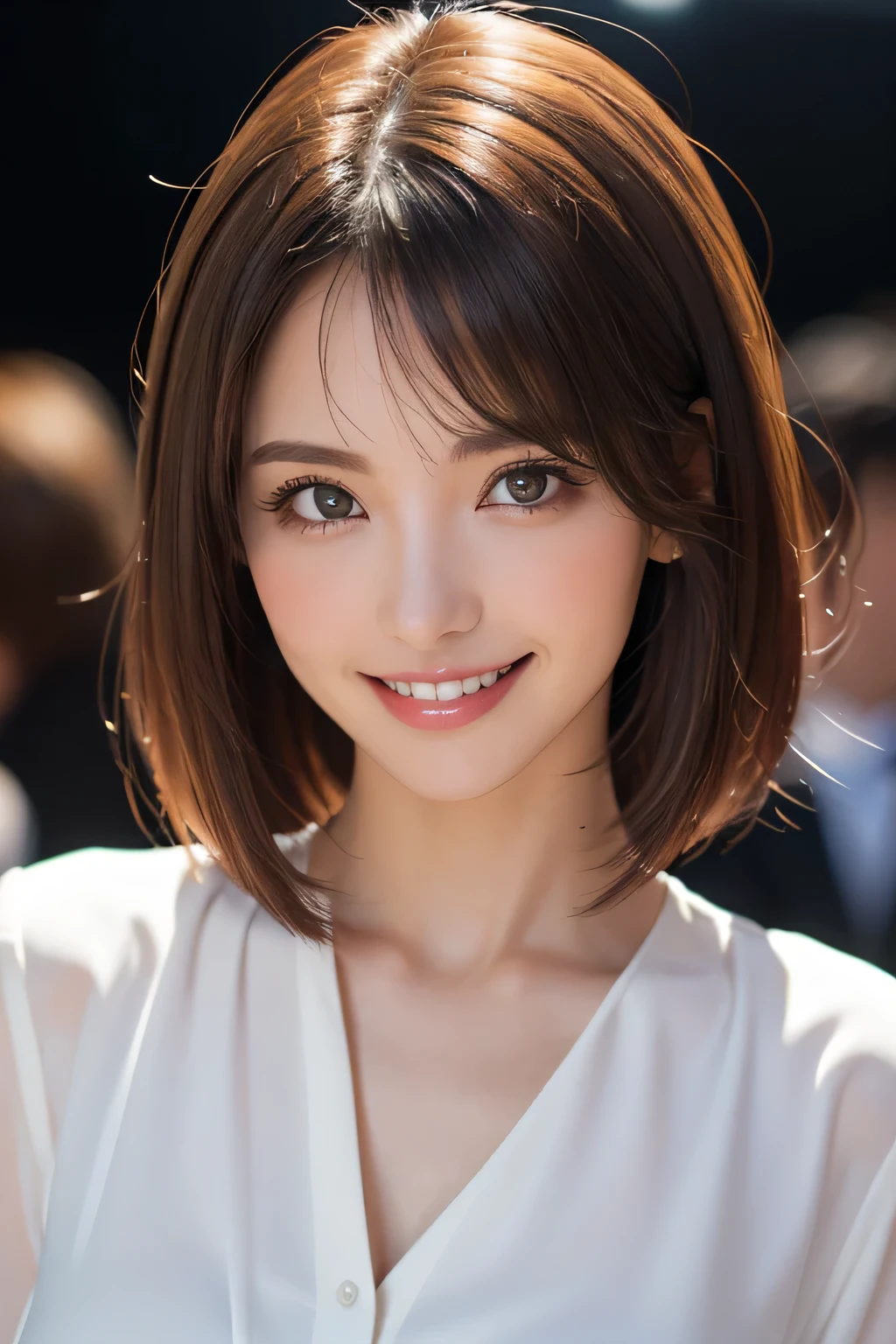 ((masterpiece)), ((Highest quality)), ((Complex)), ((Surreal)), (Realistic), (Mature Woman), ((No classes)), Very detailed, (1 female), Beautiful and exquisite, (Beautiful Teeth), Grin, Brunette bob hair, Brown eyes, ((blouse)), (Upper Body), (background:none), Perfect Eyes, Captivating eyes, Looking at the audience