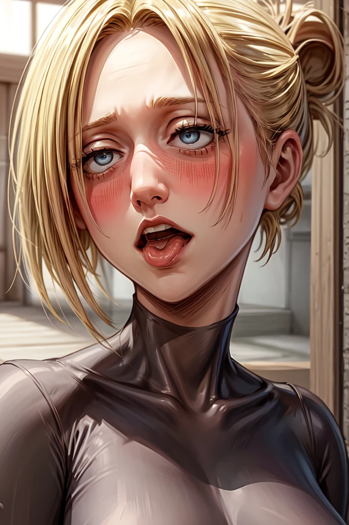 rolling eyes,NUDE,blush,big tips,cross-eyed,busty,nsfw,outdoor,annie,(masterpiece, Highest quality, Very detailed), blue eyes, Blonde, Spiky Hair, Hair Intake, (Red bodysuit:1.2), (Portrait Shot, Upper Body), (Ahegao), (Roll your eyes), Mischievous face, blush, Open your mouth, Sticking out tongue, saliva, ah, indoor, View your viewers
