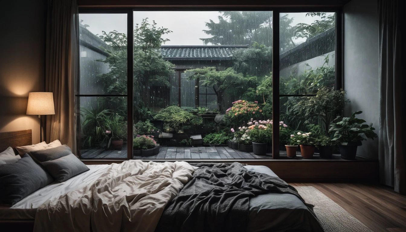 The picture shows a cozy gloomy bedroom, with a large window offering a view of a beautiful, dimly lit garden AND a garden soaked in FLOWERS, the cobblestones of the Japanese house concept. CINEMATIC, JAPANESE HOUSE, the shape of a Japanese house, and lots of flower gardens in the garden. The bed was unmade with rumpled sheets, indicating only a light sleep. the room is dark, gloomy, looks dim, gloomy. Beside the bed there is a small table with a classic lamp that radiates warm light into the room. Outside the window you can see the lush greenery of the terrace or balcony area, the rain is falling, the lamp on the left provides warm lighting, creating a calm and peaceful atmosphere. with fog obscuring part of the view in the distance. The contrast between the warmth indoors and the rain outdoors creates an inviting and calming atmosphere