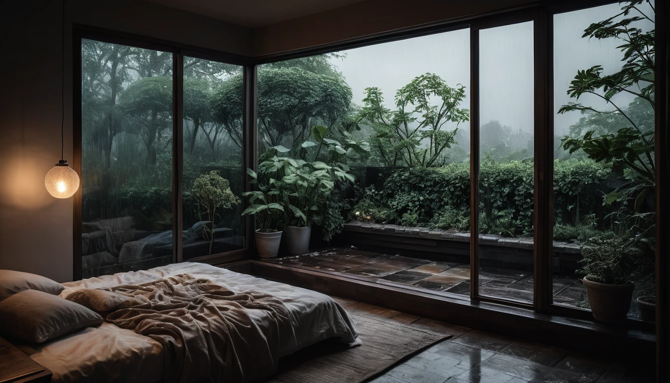 The picture shows a cozy gloomy bedroom, with a large window offering a view of a beautiful, dimly lit garden AND a garden soaked in FLOWERS, the cobblestones of the Japanese house concept. CINEMATIC, JAPANESE HOUSE, the shape of a Japanese house, and lots of flower gardens in the garden. The bed was unmade with rumpled sheets, indicating only a light sleep. the room is dark, gloomy, looks dim, gloomy. Beside the bed there is a small table with a classic lamp that radiates warm light into the room. Outside the window you can see the lush greenery of the terrace or balcony area, the rain is falling, the lamp on the left provides warm lighting, creating a calm and peaceful atmosphere. with fog obscuring part of the view in the distance. The contrast between the warmth indoors and the rain outdoors creates an inviting and calming atmosphere