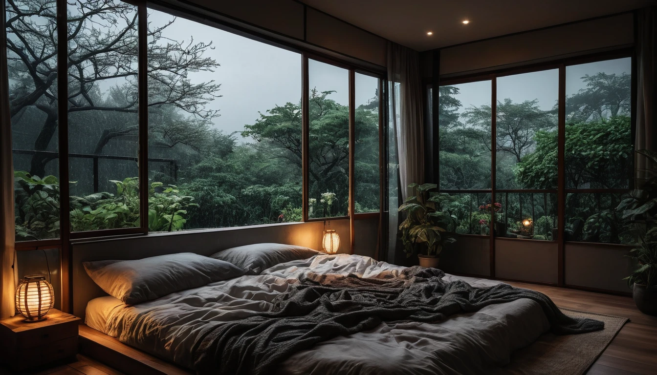 The picture shows a cozy gloomy bedroom, with a large window offering a view of a beautiful, dimly lit garden AND a garden soaked in FLOWERS, the cobblestones of the Japanese house concept. CINEMATIC, JAPANESE HOUSE, the shape of a Japanese house, and lots of flower gardens in the garden. The bed was unmade with rumpled sheets, indicating only a light sleep. the room is dark, gloomy, looks dim, gloomy. Beside the bed there is a small table with a classic lamp that radiates warm light into the room. Outside the window you can see the lush greenery of the terrace or balcony area, the rain is falling, the lamp on the left provides warm lighting, creating a calm and peaceful atmosphere. with fog obscuring part of the view in the distance. The contrast between the warmth indoors and the rain outdoors creates an inviting and calming atmosphere