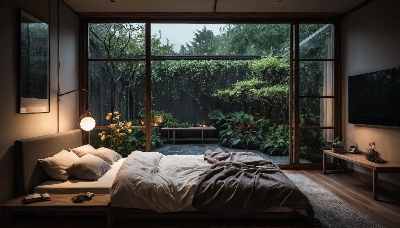 The picture shows a cozy gloomy bedroom, with a large window offering a view of a beautiful, dimly lit garden AND a garden soaked in FLOWERS, the cobblestones of the Japanese house concept. CINEMATIC, JAPANESE HOUSE, the shape of a Japanese house, and lots of flower gardens in the garden. The bed was unmade with rumpled sheets, indicating only a light sleep. the room is dark, gloomy, looks dim, gloomy. Beside the bed there is a small table with a classic lamp that radiates warm light into the room. Outside the window you can see the lush greenery of the terrace or balcony area, the rain is falling, the lamp on the left provides warm lighting, creating a calm and peaceful atmosphere. with fog obscuring part of the view in the distance. The contrast between the warmth indoors and the rain outdoors creates an inviting and calming atmosphere