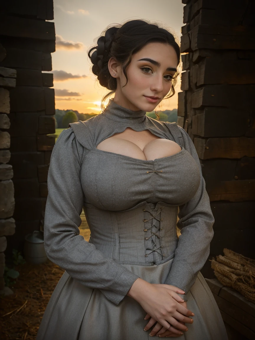 Gorgeous and sultry busty athletic (thin) brunette peasant with sharp facial features wearing a modest updo, medieval hair cover, rough-spun grey and brown medieval peasant dress, long sleeves, wide neck, long dress, tight bodice, corset, Middle Ages, cottage, farm, exterior, trees, countryside, evening, sunset.