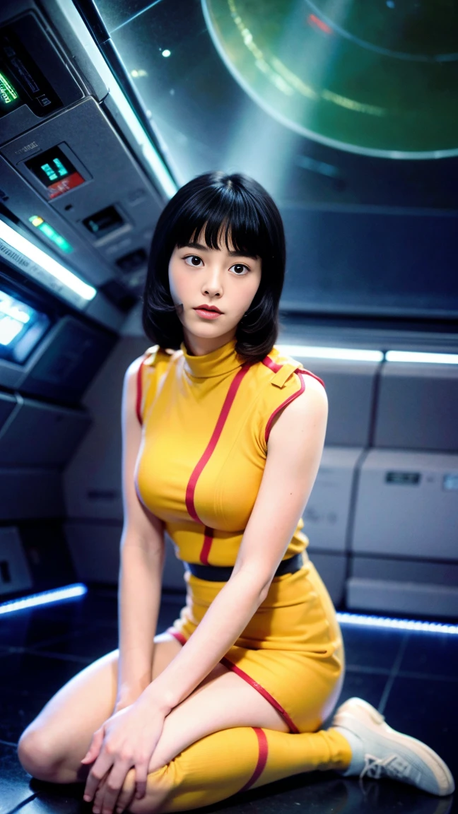 (8k、RAW Photos、Highest quality、masterpiece:1.2、Perfect Anatomy)、(Realistic、Realistic、Full body photo)、1 female、(((Large Breasts、A slightly sullen look)))、short hair、((A woman in her 30s wearing a Fa Yuiri costume))、(Being inside a spaceship、Sitting)