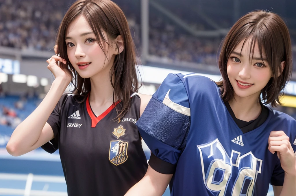 (Highest quality、8k、32K、masterpiece)、(Realistic)、(Realistic:1.2)、(High resolution)、Very detailed、Very beautiful face and eyes、(((Targeted at single women.)))、Frame In、Tight waist、(Highest quality、Attention to detail、Rich skin detail)、(Highest quality、8k、Oil paints:1.2)、(Realistic、Realistic:1.37)、Bright colors、(((Cowboy Shot)))、(((short hair)))、(((Laughter)))、(((Brown Hair)))、(((Soccer uniforms)))、(((ピンクのSoccer uniforms)))、(((Football Stadium)))、(((Enthusiastic audience)))、(((Uniform without lines)))、Short sleeve uniform、There are no lines on the sleeves