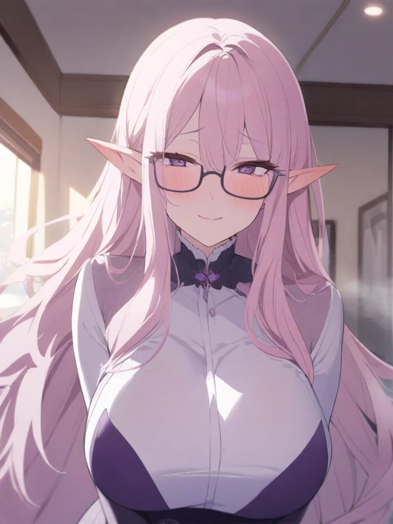 masterpiece, best quality, high quality, beautiful anime character, solo, anime girl with pink hair, very messy hair, long hair, long hair on middle eyes, purple cat eyes, small elf ears, big breasts, (mature female, tall female), big girl, thick, (calming face, blush, light smile, loving eyes), indoors, (dark demonic exposing clothes), small square glasses,