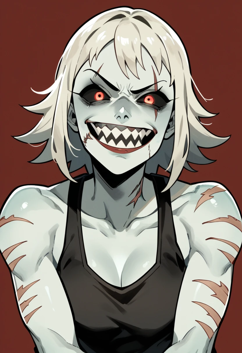 Anime zombie undead girl, slitched face, scars an face, black sclera, shark teeth, glowing eyes, smug face, vile, pale green-ish decayed skin, black tank top, eletric colar, street smart