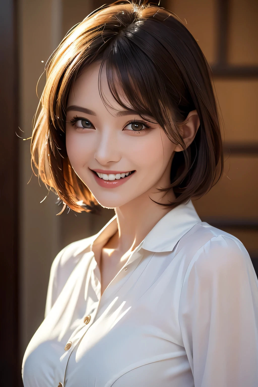 ((masterpiece)), ((Highest quality)), ((Complex)), ((Surreal)), (Realistic), (Mature Woman), ((No classes)), Very detailed, (1 female), Beautiful and exquisite, (Beautiful Teeth), Grin, Brunette bob hair, Brown eyes, ((blouse)), (Upper Body), (background:none), Perfect Eyes, Captivating eyes, Looking at the audience
