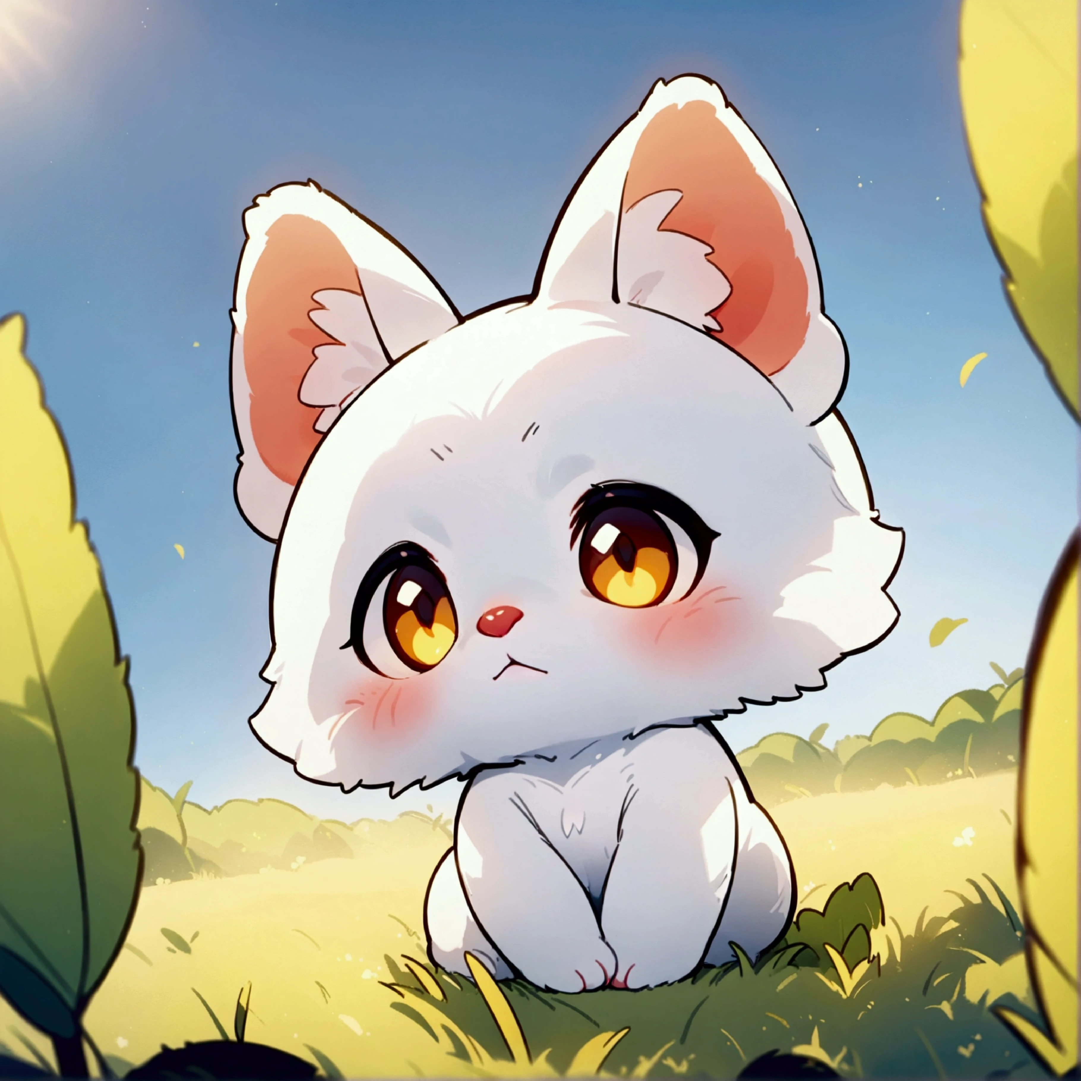 Small cute animals, Small adorable animals, Detailed hairy, Standing on two legs, Animal Ears, Little, No humans, Furry, Face Close Up, grassland, Blue sky, Soft lighting, Shallow depth of field, Digital illustration, 8K, Deformed, Chibi, anime, animeスタイル,