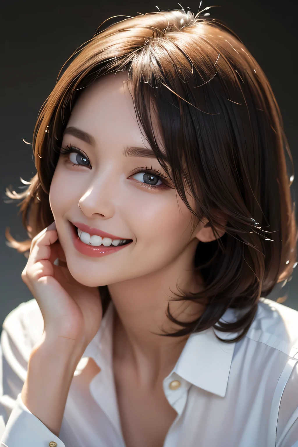 ((masterpiece)), ((Highest quality)), ((Complex)), ((Surreal)), (Realistic), (Mature Woman), ((There are no classes)), Very detailed, (1 female), Beautiful and exquisite, (Beautiful Teeth), Grin, Brunette Bob Hair, Brown eyes, ((blouse)), (Upper Body), (background:none), Perfect Eyes, Captivating eyes, Looking at the audience