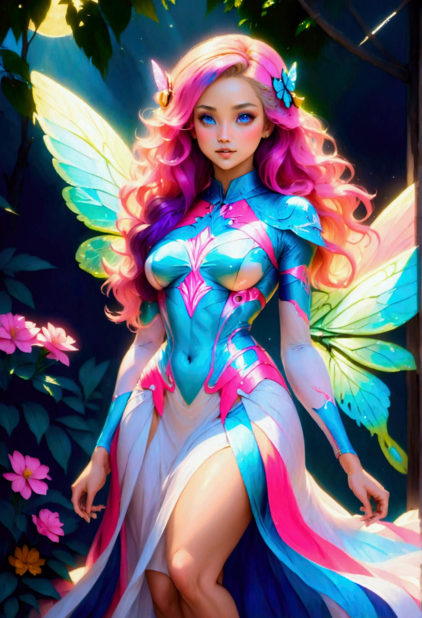 a picture of a jungle fairy, an extraordinary beautiful, elegant beauty, divine beautiful fairy, ((anatomically correct: 1.5)) spread butterfly wings, blue and purple wings, pink eyes, glowing eyes, (ultra detailed face: 1.2), best detailed face,  blond hair, rich hair, wavy hair, glamour dress, wild dress, dress decorated with jungle flowers,  sitting on massive heliconia tree the rain forest, sun rays coming through the trees, Hyperrealism style, vibrant, Ultra-high resolution, High Contrast, (masterpiece:1.5), highest quality, Best aesthetics), best details, best quality, highres, ultra wide angle, 16k, [ultra detailed], masterpiece, best quality, (extremely detailed) RAW, chumbasket art style, FairyTaleAI, fairy wings, 