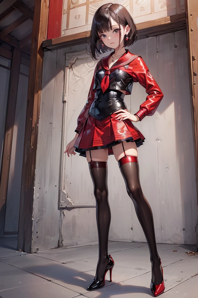 ((Biologically correct limb count)),(( From head to toe,Full-body photo including face)),4K,((Standing position)),masterpiece,((Focus on the face)),((Symmetrical facial features)),Eyes with detailed description,Beautiful woman,Great style,Beautiful arms,Beautiful legs,Beautiful Hands,(Small Ass,Thin thighs),Detailed depiction of the face,Small earrings,necklace,(Red and black latex sailor suit,skirt((High heels,Patterned stockings))),((Waiting for someone to meet up)),Silk gloves,Realistic photo,Medium short cut hair,Stand at an angle