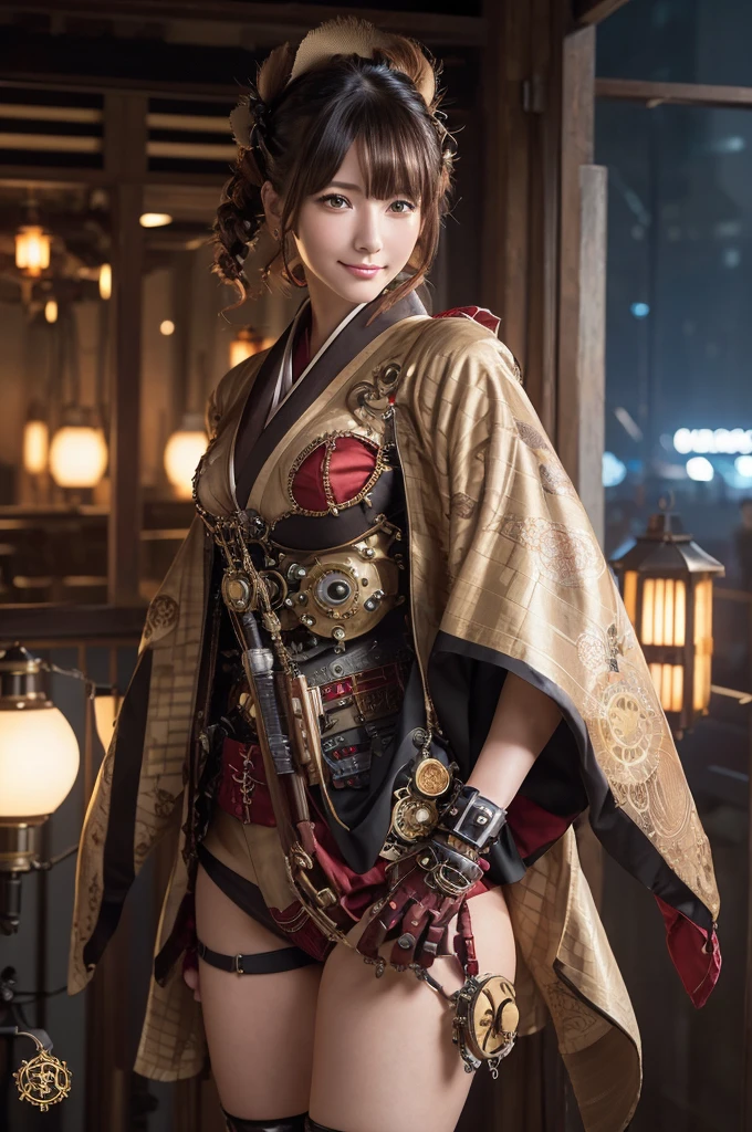 Woman portrait、Highest quality、Rear view、8k,Detailed face, clear, Fine skin、Clear, beautiful eyes、whole body、(Curly Hair)、My hair was messed up by the wind、The beauty of a smile、(Big Breastuscular、tall),(Hip_superior, Hip superior), Mature Woman,( Watching the audience),Realistic, High resolution, Soft Light,1 female, alone, Hipアップ, Glowing Skin, (Detailed face), Sexy smile, Perfect Style, Perfect balance,Brown hair,Naughty look,((Steampunk kimono,gyaru、plaids)),(A red mecha with a white, brown, beige, red and dark brown check pattern, High-tech Mecha,Beautiful steampunk cyborg woman,Steampunk mecha cyborg girl kimono、drawstring、spikes,Beads、gloves、Luxurious obi,Lavish decoration、glove,stockings,High leg),((arms behind back)),(bokeh),(studio lighting)