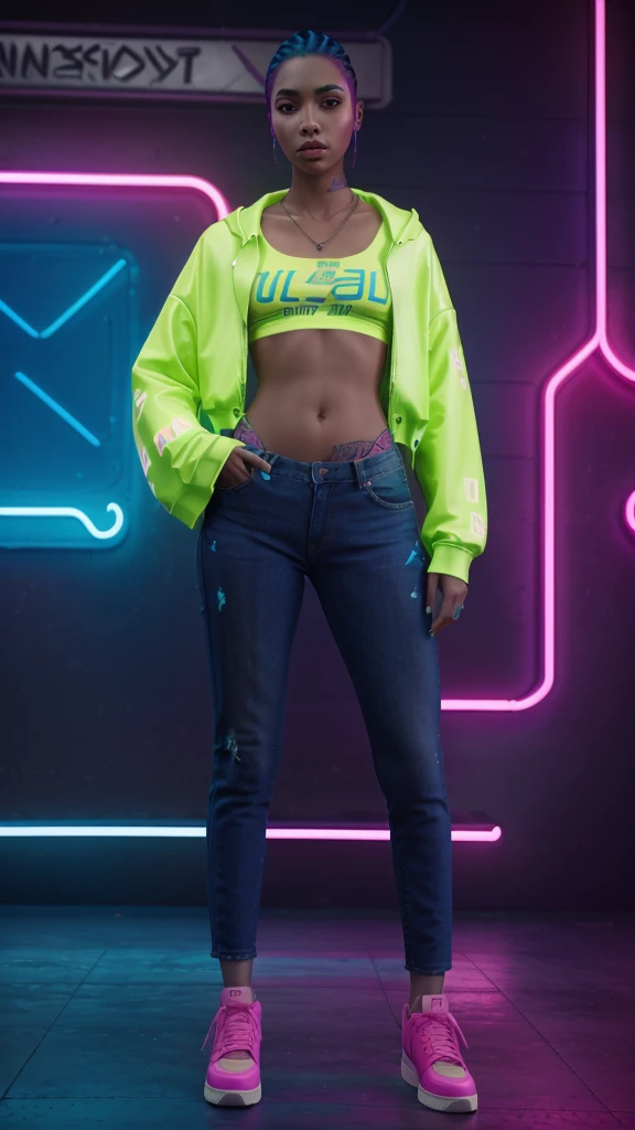 full body, young woman characterized by a neon blue scheme, rap clothes, jeans, cropped blouse, phosphorescent details, neon shoes, futuristic, organic emphasis and a futuristic and vintage touch --air 3: 4 --style raw -- v6.0