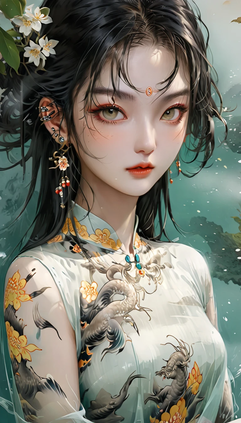 Chinese Beauty, Charming temperament, floating long dress, Clear face, beautiful eyes, Around osmanthus flowers, A masterpiece of perfect body structure proportions, Very detailed, Epic creation, Color Tattoo Art, Neo-Traditional Tattoo Art, SD tattoo design, Color Tattoo Art, mystery、enthusiasm、Friendly atmosphere, Surrealism, Ultra HD, high quality, best quality, 32K --v 6