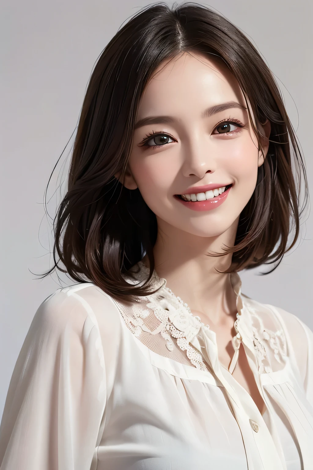 ((masterpiece)), ((Highest quality)), ((Complex)), ((Surreal)), (Realistic), (Mature Woman), ((No classes)), Very detailed, (1 female), Beautiful and exquisite, (Beautiful Teeth), Grin, Brunette bob hair, Brown eyes, ((blouse)), (Upper Body), (background:none), Perfect Eyes, Captivating eyes, Looking at the audience