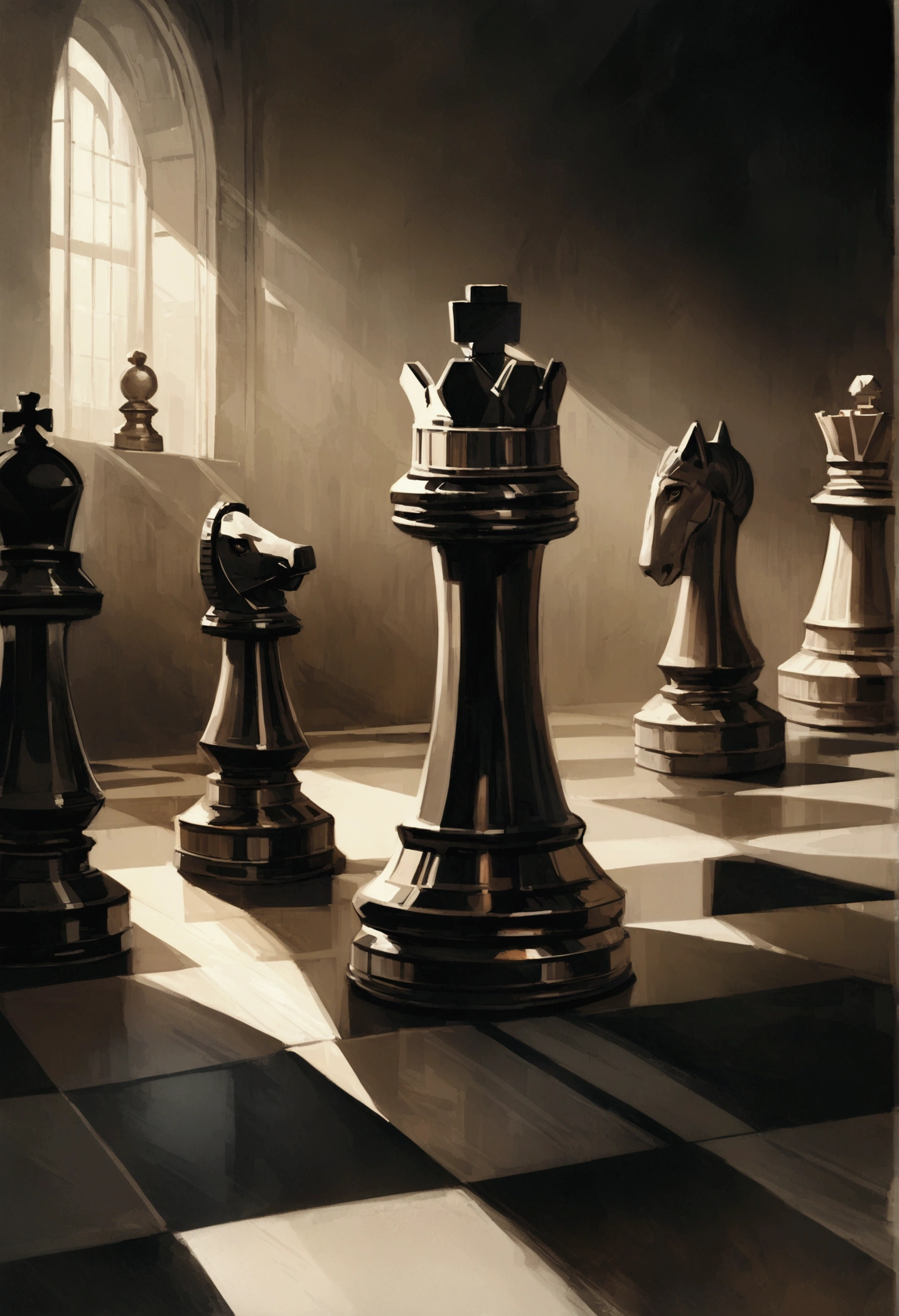 a chessboard with 3 knights planning to take down the rook, intricate chess pieces, realistic lighting, dramatic shadows, highly detailed, cinematic composition, moody atmosphere, strategic planning, complex narrative, oil painting, muted color palette
