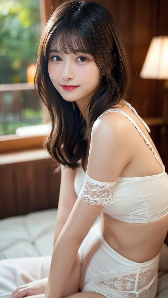 (最high quality:1.3)、Dress neatly、Sitting angle、(Real:1.5)、(1 person:1.5)、Very detailed、high quality、High resolution、8K Wallpaper、Perfect dynamic composition、Natural color lips、Cute Smile、Japanese women、-yeld giBeautiful and exquisiteな顔、Perfect and beautiful face、Beautiful and exquisite、Big eyes、Brunette's eyes、Beautiful and exquisiteな顔、Perfect and beautiful double eyelids、Natural Bangs、Beautiful and thin nose、Beautiful Skin、Black natural hair、Long Hair、Natural Bangs、Perfect and beautiful face、Slim face and figure、(looking at the camera)、Bright lighting、Professional Lighting、Shoulder-length layers、Asymmetrical bangs、Japanese Idols、Sophisticated、Mid-chest、Waist-down angle、white lace bikini、white lace bikini