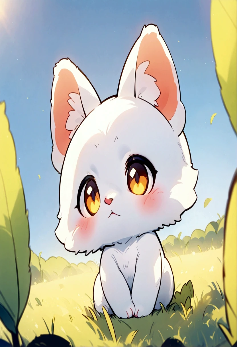 Small cute animals, Small adorable animals, Detailed hairy, Standing on two legs, Animal Ears, Little, No humans, Furry, Face Close Up, grassland, Blue sky, Soft lighting, Shallow depth of field, Digital illustration, 8K, Deformed, Chibi, anime, animeスタイル,