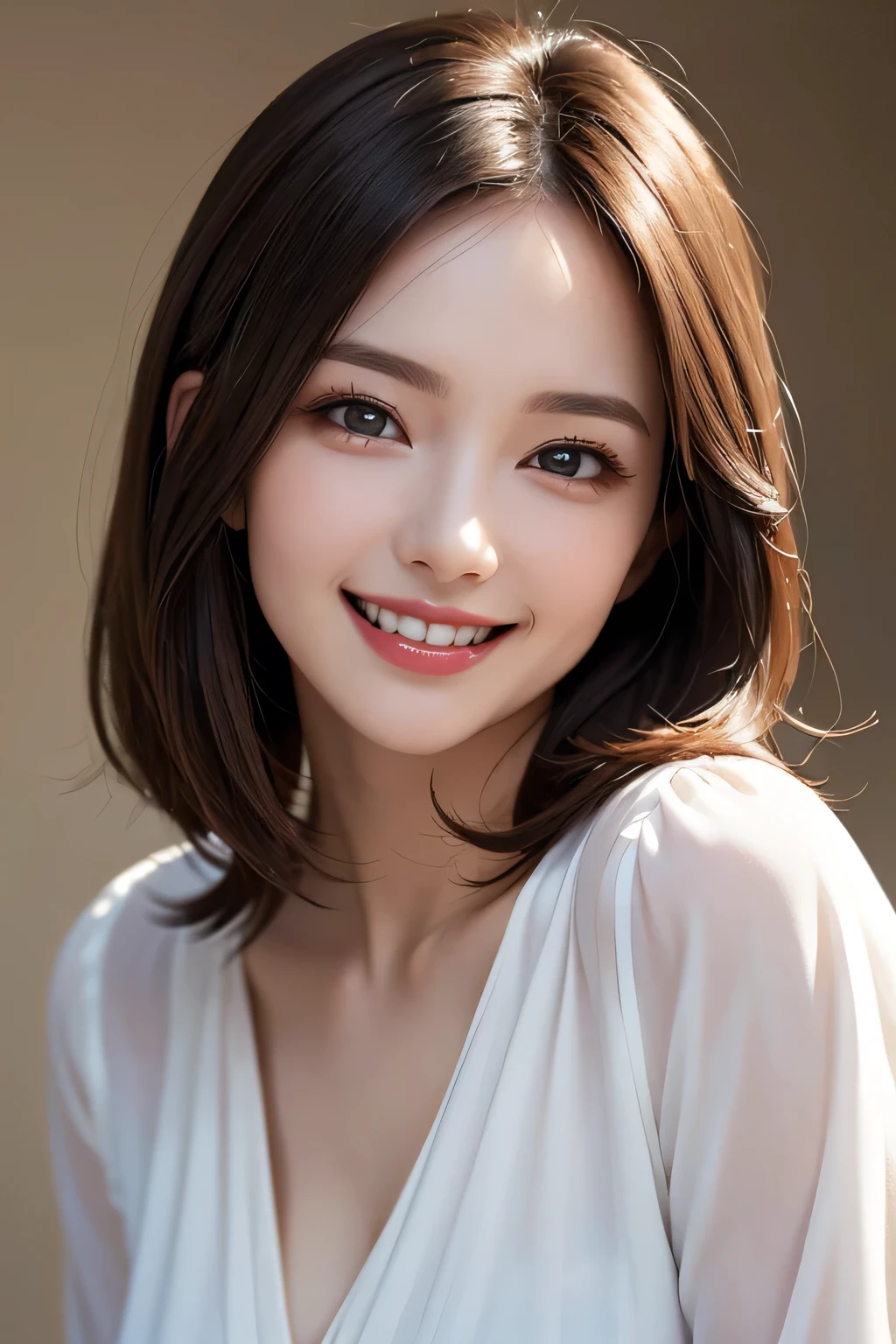 ((masterpiece)), ((Highest quality)), ((Complex)), ((Surreal)), (Realistic), (Mature Woman), ((No classes)), Very detailed, (1 female), Beautiful and exquisite, (Beautiful Teeth), Grin, Brunette bob hair, Brown eyes, ((blouse)), (Upper Body), (background:none), Perfect Eyes, Captivating eyes, Looking at the audience