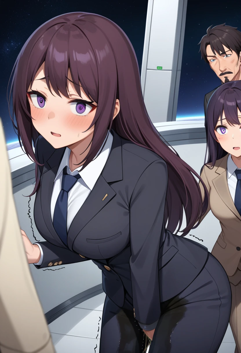 (high quality,Very detailed:1.37, High resolution), Woman, (mature:2.0), (Sakaki Yumiko:1.5), (very long hair:1.5), (straight hair:1.5) (dark purple hair:2.5), purple eyes, huge breasts, tuxedo, necktie, (pants:1.5), (wetting herself:2.0), standing, embarrassed, humiliation, (sanpaku eyes:1.5), (constricted pupils:1.5), (tiny pupils:1.5), (sweating:1.5), shaking, (trembling:1.5), (blushing:1.5), Meticulous details, (extremely detailed eyes:1.37), space station, interior, science fiction, futuristic