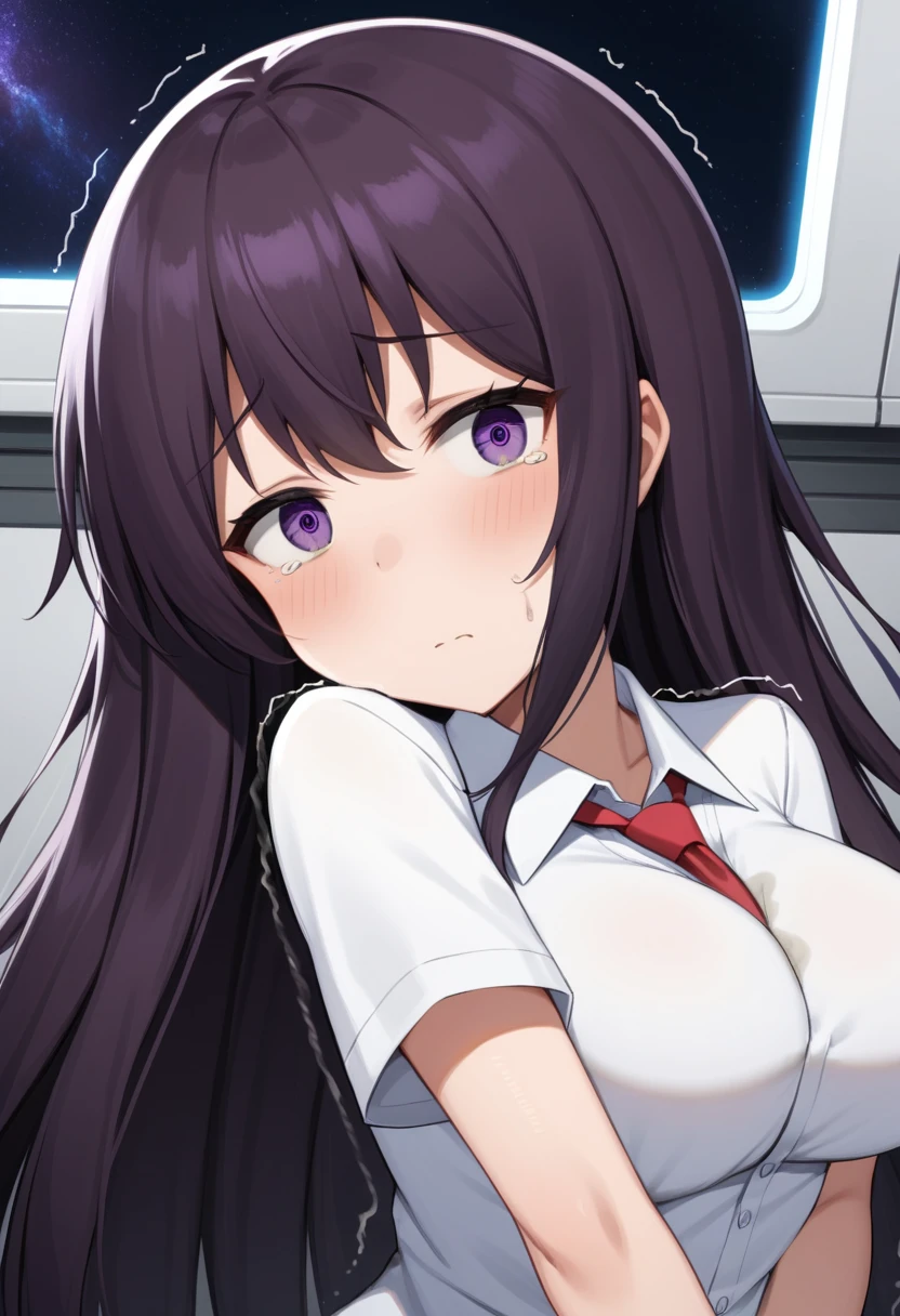 (high quality,Very detailed:1.37, High resolution), Woman, (mature:2.0), (Sakaki Yumiko:1.5), (very long hair:1.5), (straight hair:1.5) (dark purple hair:2.5), purple eyes, huge breasts, tuxedo, necktie, (pants:1.5), (wetting herself:2.0), standing, embarrassed, humiliation, (sanpaku eyes:1.5), (constricted pupils:1.5), (tiny pupils:1.5), (sweating:1.5), shaking, (trembling:1.5), (blushing:1.5), Meticulous details, (extremely detailed eyes:1.37), space station, interior, science fiction, futuristic