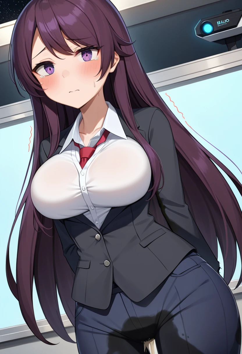 (high quality,Very detailed:1.37, High resolution), Woman, (mature:2.0), (Sakaki Yumiko:1.5), (very long hair:1.5), (straight hair:1.5) (dark purple hair:2.5), purple eyes, huge breasts, tuxedo, necktie, (pants:1.5), (wetting herself:2.0), standing, embarrassed, humiliation, (sanpaku eyes:1.5), (constricted pupils:1.5), (tiny pupils:1.5), (sweating:1.5), shaking, (trembling:1.5), (blushing:1.5), Meticulous details, (extremely detailed eyes:1.37), space station, interior, science fiction, futuristic