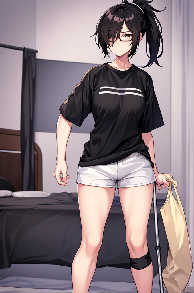 woman, hair over one eye, golden eyes, Tomboy, standing, black sweatshorts, white shirt, looking at viewer, black short hair with a ponytail, bedroom background, round glasses, bags under eyes, tired, solo, using a crutch