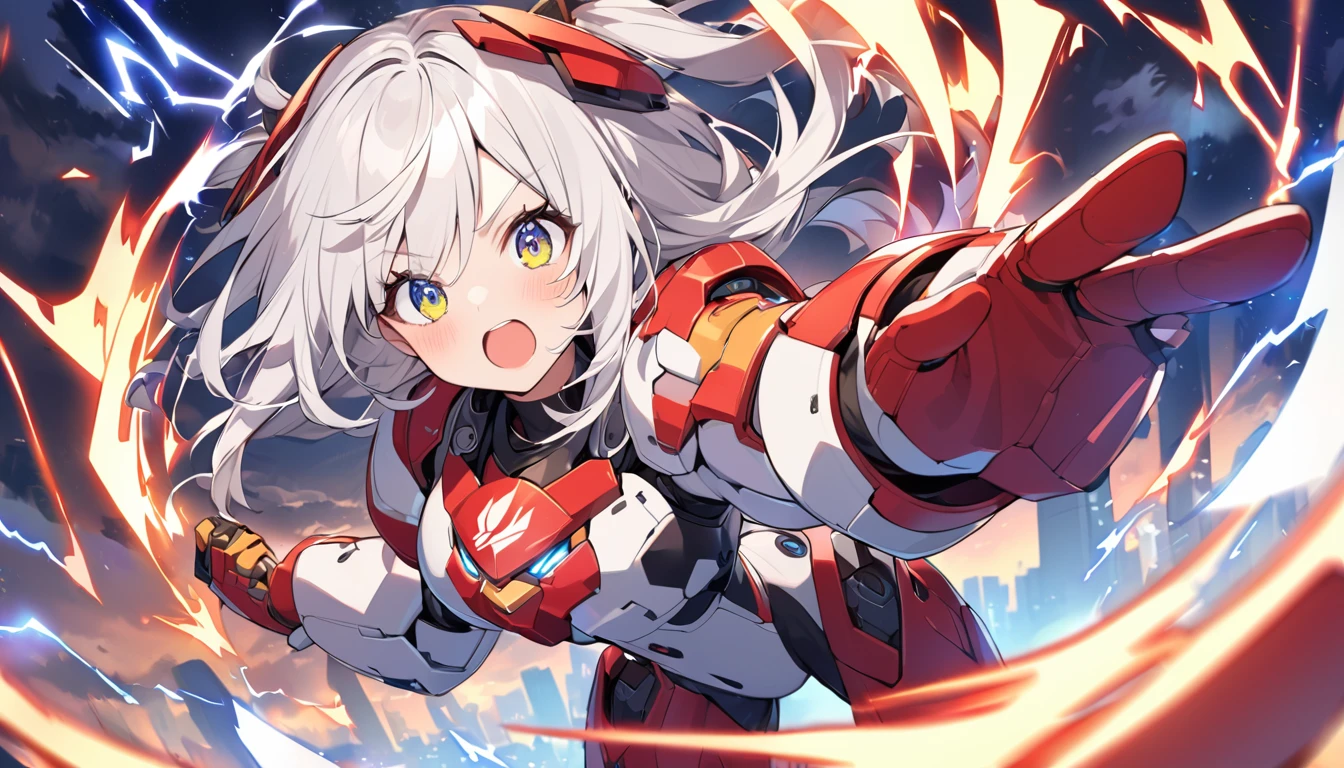 mysterious。White Hair Girl。Detailed Background。expression: Eyes wide open、集中した鋭いexpression
ポーズ: Jump into the air、Costume that shoots lightning from hands: Electric battle suit、Lightning emblem on hand: A thundering sky in the background、Lightning flashes around her
