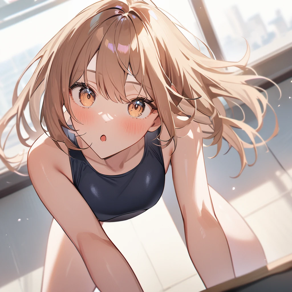 nsfw,1girl,Thighs,pov,pov_facial,face,light hair,light eyes,(competition_school_swimsuit:1.5),medium breasts,Impossible,tight skin,shiny skin,masterpiece, best quality, very aesthetic, absurdres,front view,looking at viewer,oral,