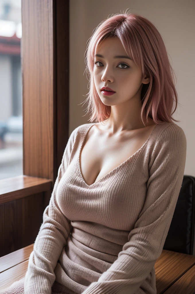 masutepiece, Best Quality, Illustration, Ultra-detailed, finely detail, hight resolution, 8K Wallpaper, Perfect dynamic composition, pink hair beautiful detailed eyes, Natural Lip, knitted dress , massive accentuated super huge enormously Big breasts, deep cleavage. vonzy