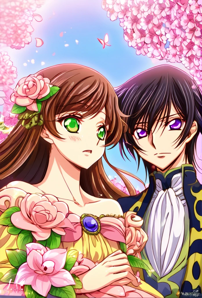 absurdres, highres, ultra detailed, HDR, master piece, best quality, Lelouch Lamperouge male, black hair, expressive purple eyes, Code Geass, Anastasia lamperouge female, brown hair, expressive green eyes, two sexy together, couple, Anastasia yellow dress, fantasy, shining, pink flowers, pink blossoms, pink butterflies, pink petals.